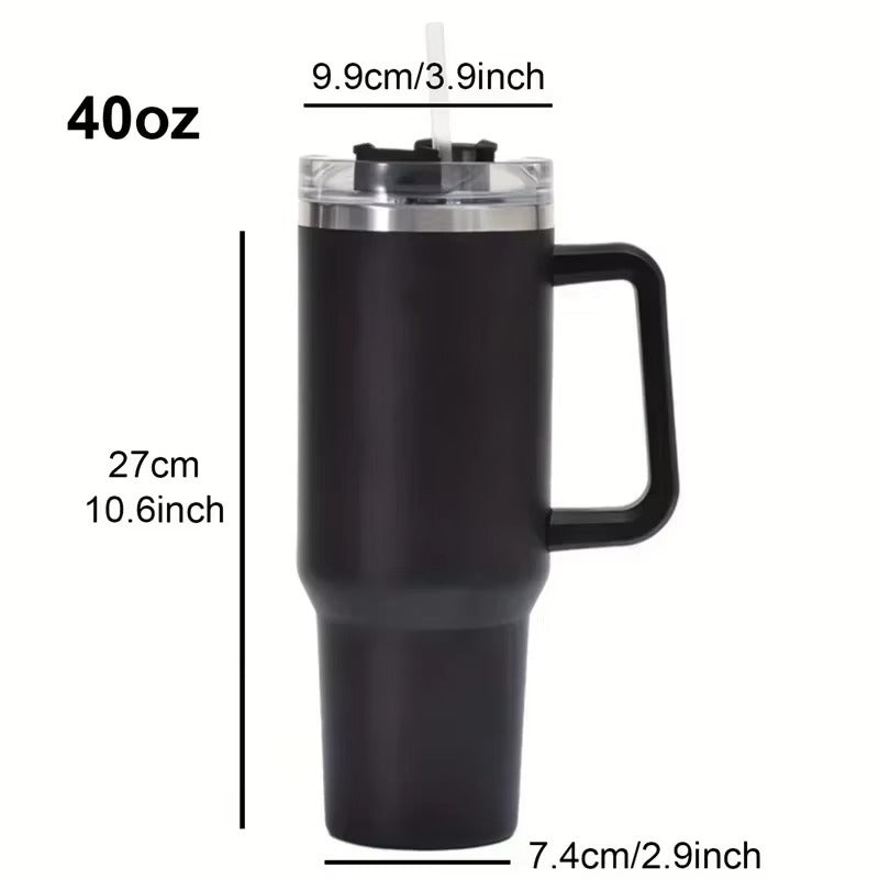 Black insulated tumbler with handle and straw, shown with measurements on a white background