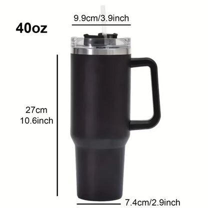 Black insulated tumbler with handle and straw, shown with measurements on a white background
