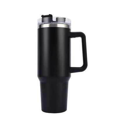 Black insulated travel mug with a handle on a white background