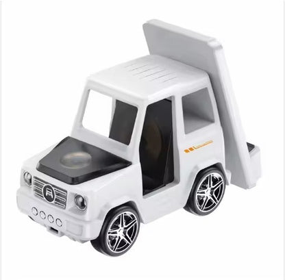 White toy truck with a dump bed on a white background