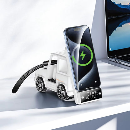 Phone with a charging cable and screen displaying a charging icon, placed on a small white car model.