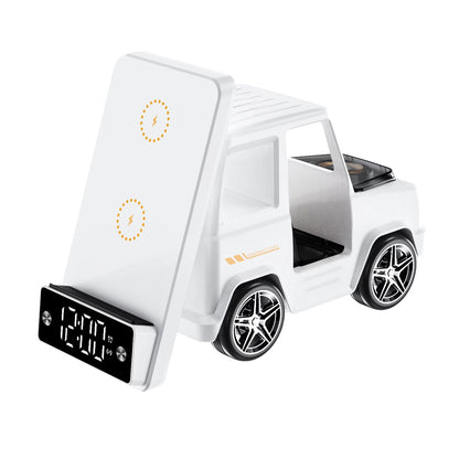 White truck-shaped clock with digital display on a white background