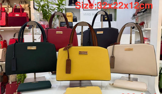 Collection of handbags in various colors on display with a size label.