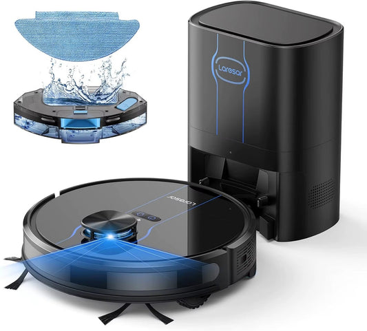 Robot vacuum cleaner with water tank and cleaning solution on a white background