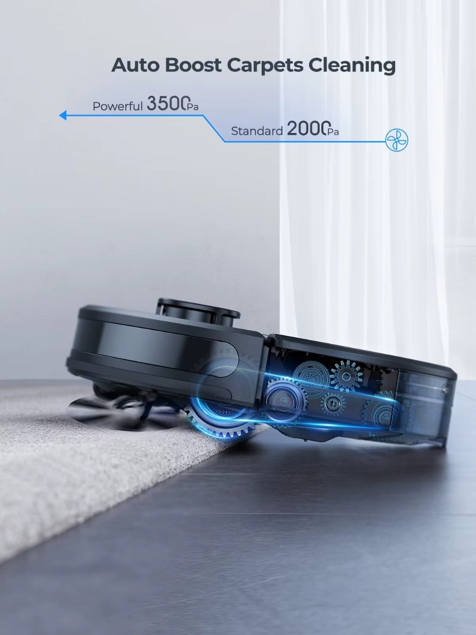Robotic vacuum cleaner cleaning a carpet with text indicating auto boost carpets cleaning feature.