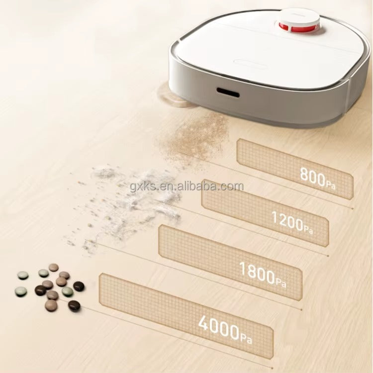 Robotic vacuum cleaner on a wooden floor with air pressure indicators displayed.