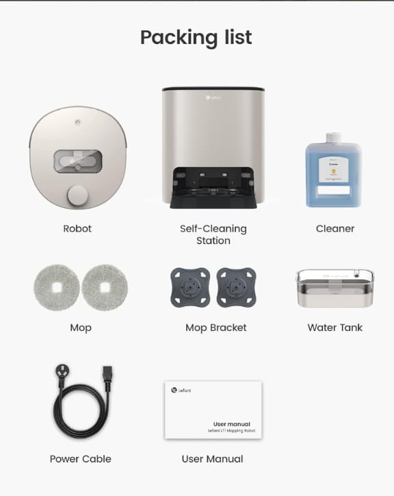 Packing list of robot cleaning equipment with robot, self-cleaning station, cleaner, mop, map bracket, water tank, power cable, and user manual on a white background.