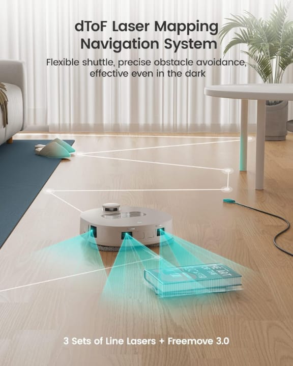 Robot vacuum cleaner with laser mapping technology in a living room setting