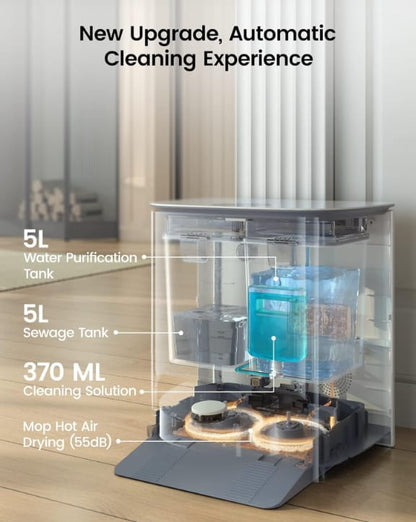 Automatic cleaning device with labeled components on a wooden floor.