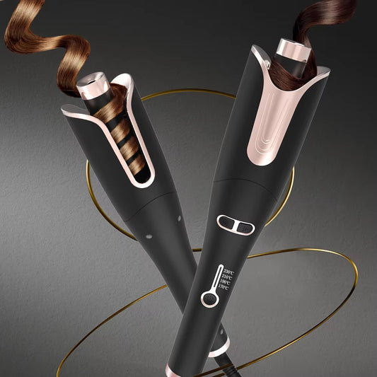 Hair curling iron with hair strands on a dark background