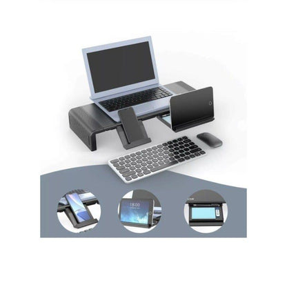Multifunctional desk setup with laptop, tablet, smartphone, and mouse on a white background