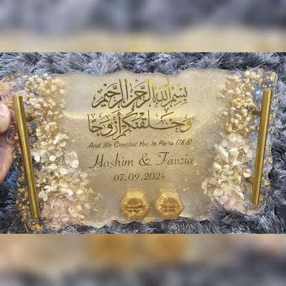 Decorative soap with gold text and design on a textured surface