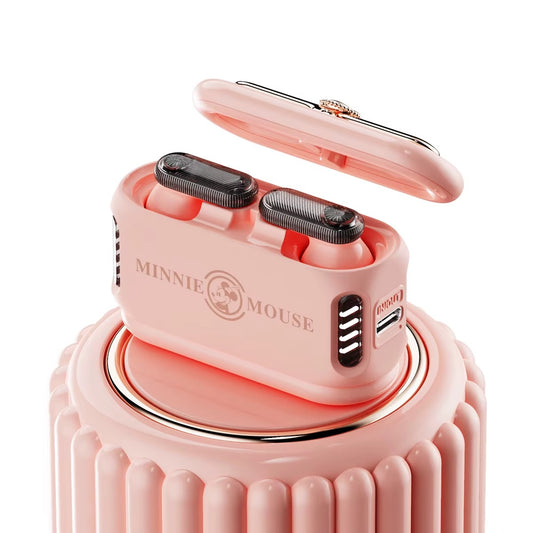 Pink electronic device with 'Minnie Mouse' branding on a white background