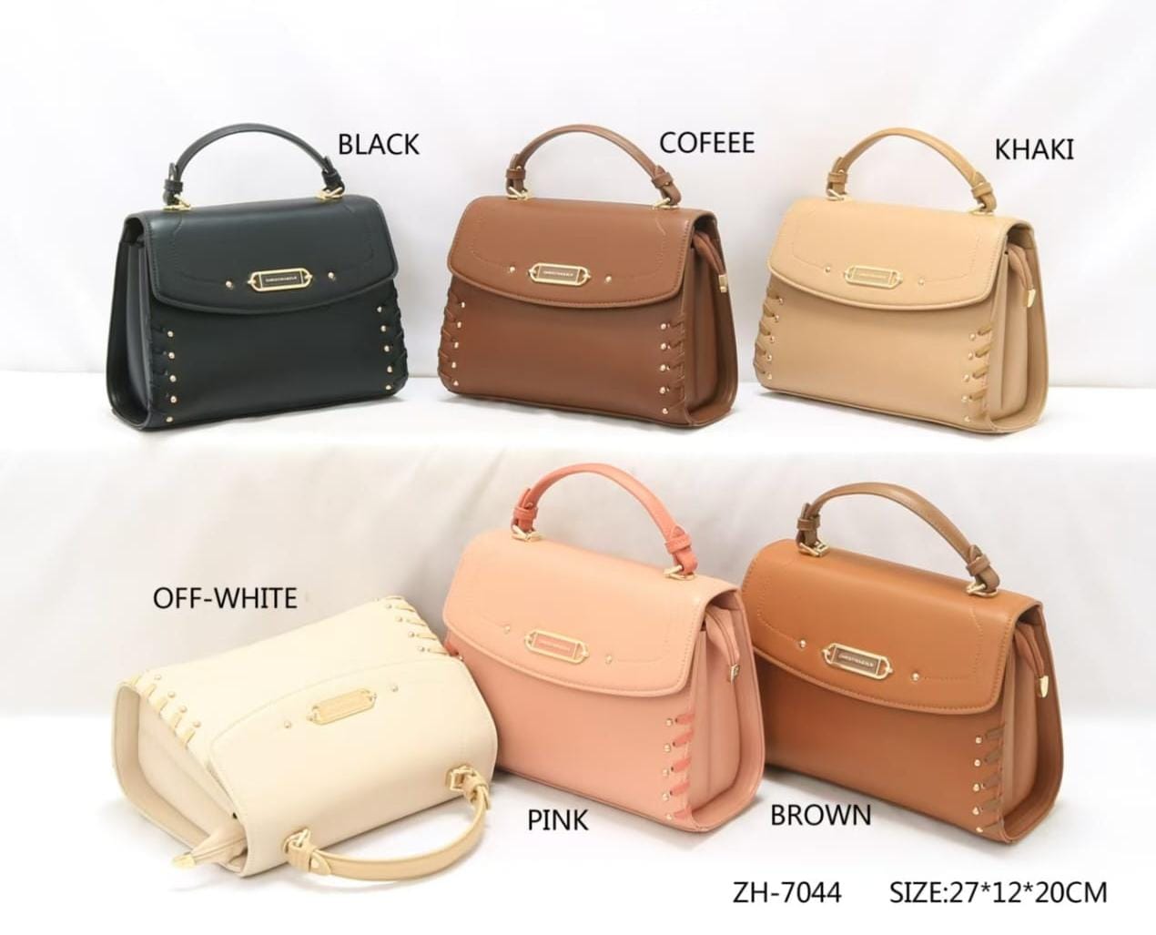 Six handbags in different colors with labels on a white background