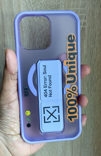 Phone case with text and design held by a hand on a wooden surface