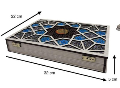 Decorative box with geometric pattern and measurements on a white background