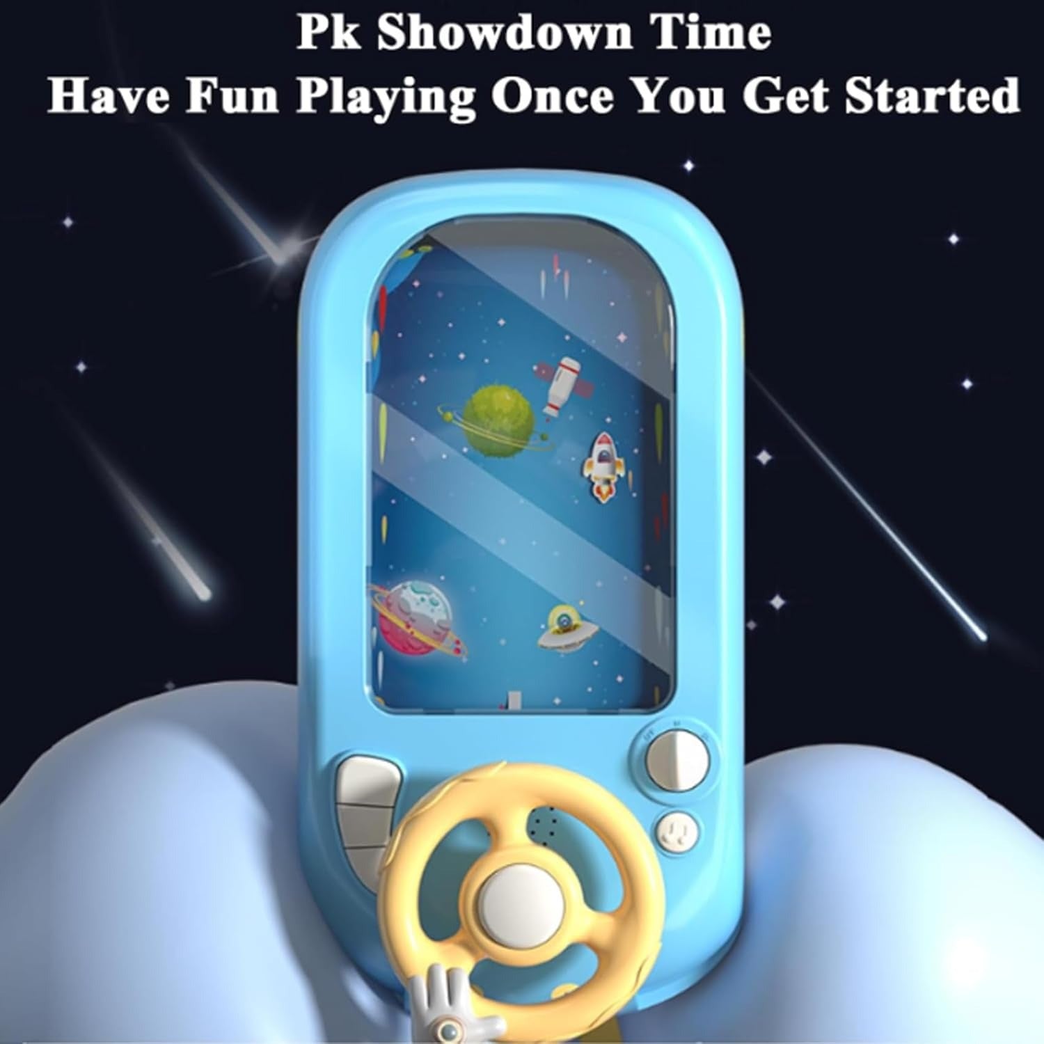 Toy with screen displaying space-themed game and steering wheel, against a dark space background.